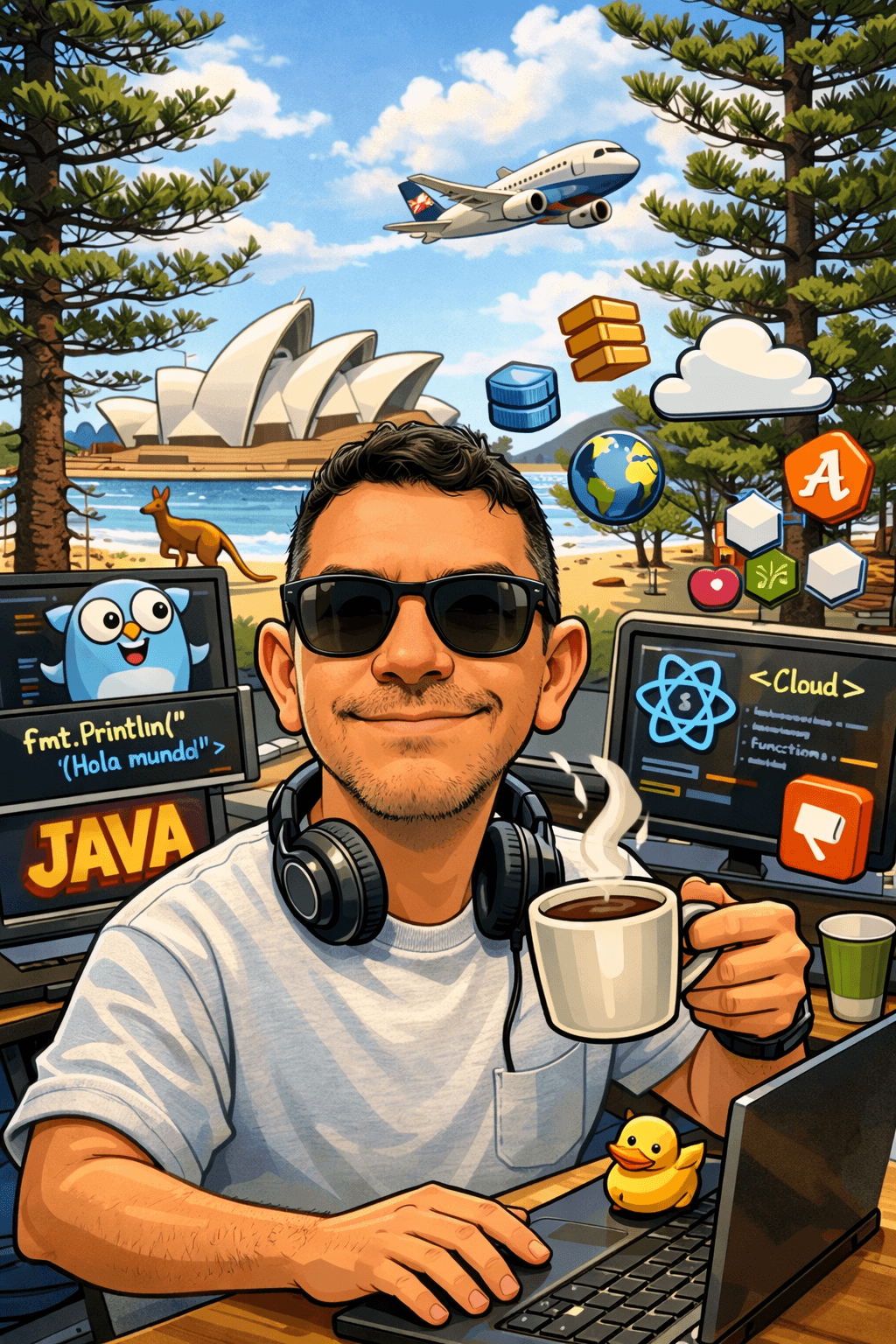 Illustrated portrait of Wilson Sayago coding by the Sydney harbour